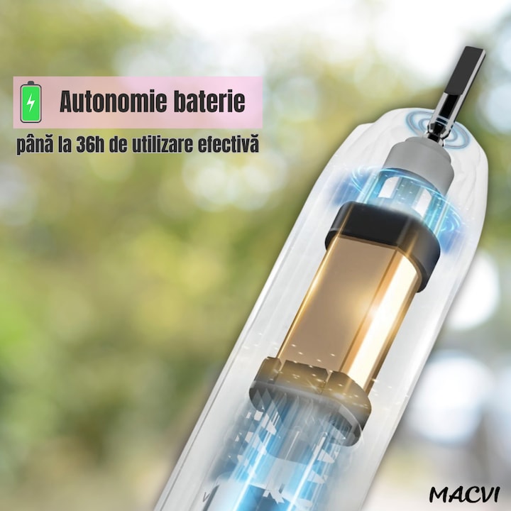 Periuta de dinti electrica Macvi®V-801, 5 trepte viteza, 3 programe de curatare, albire, ingrijire medicala, functie memorare, autonomie 36h, rezistenta la apa IPX7, Alb/Roz