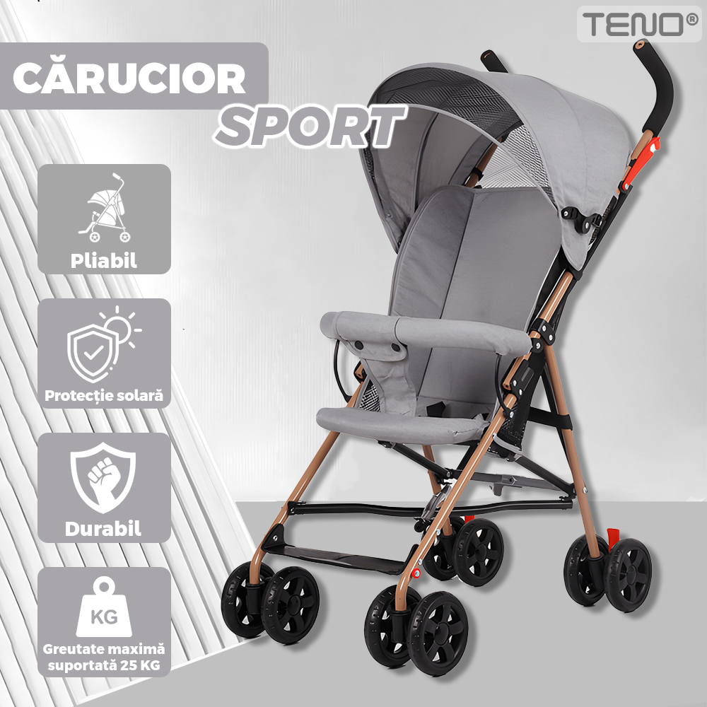 Carucior Sport pentru Bebelusi Teno®, pliabil, usor de carat, spatios, copertina retractabila, greutate maxima suportata 25 kg, gri deschis