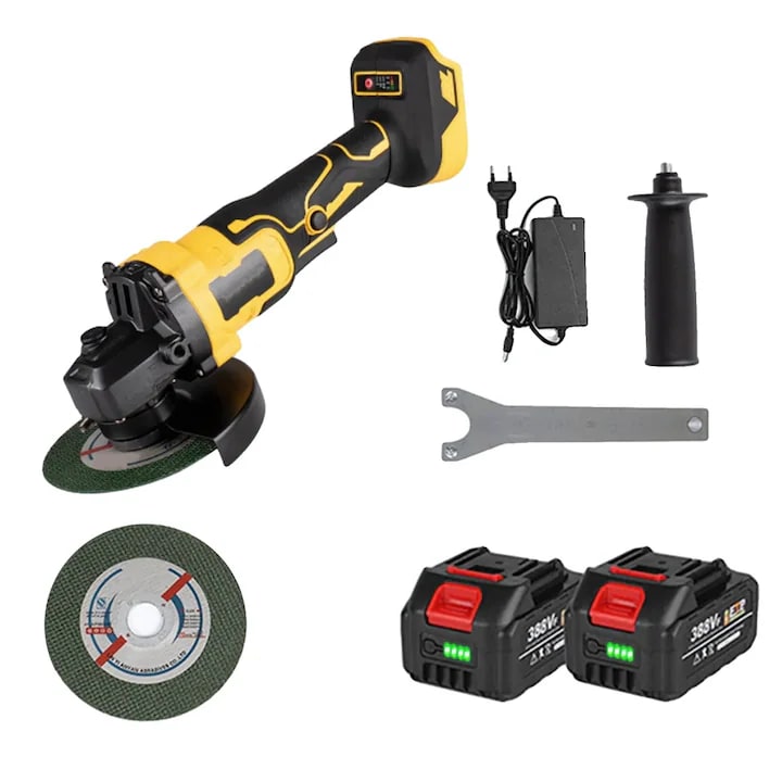 Polizor Unghiular Macvi® 96V Fara Fir Motor Brushless, Acumulator 15.0Ah, 10.000 RPM, 3 Viteze, Disc 125 mm, Protectie Suprasarcina, Afisaj Baterie