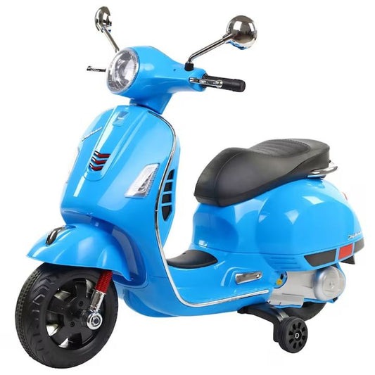 Scuter electric Macvi® pentru copii 3-8 ani, design realist Vespa, cu 2 baterii reincarcabile 6V, lumini functionale, roti ajutatoare, sistem audio si oglinzi, pana la 6 km/h, Albastru