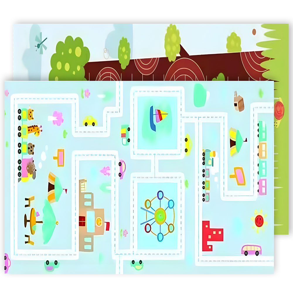 Covoras de Joaca pentru Copii Teno®, 2 fete, termic, anti-derapant, pliabil, protectie impotriva loviturilor, parc si jungla, 200x180cm, grosime 1 cm, multicolor