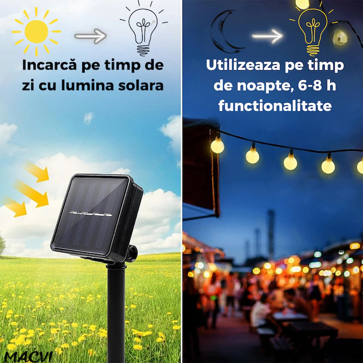 Ghirlanda Solara Macvi® exterior gradina 7M 50 LED IP65 8 moduri alb cald