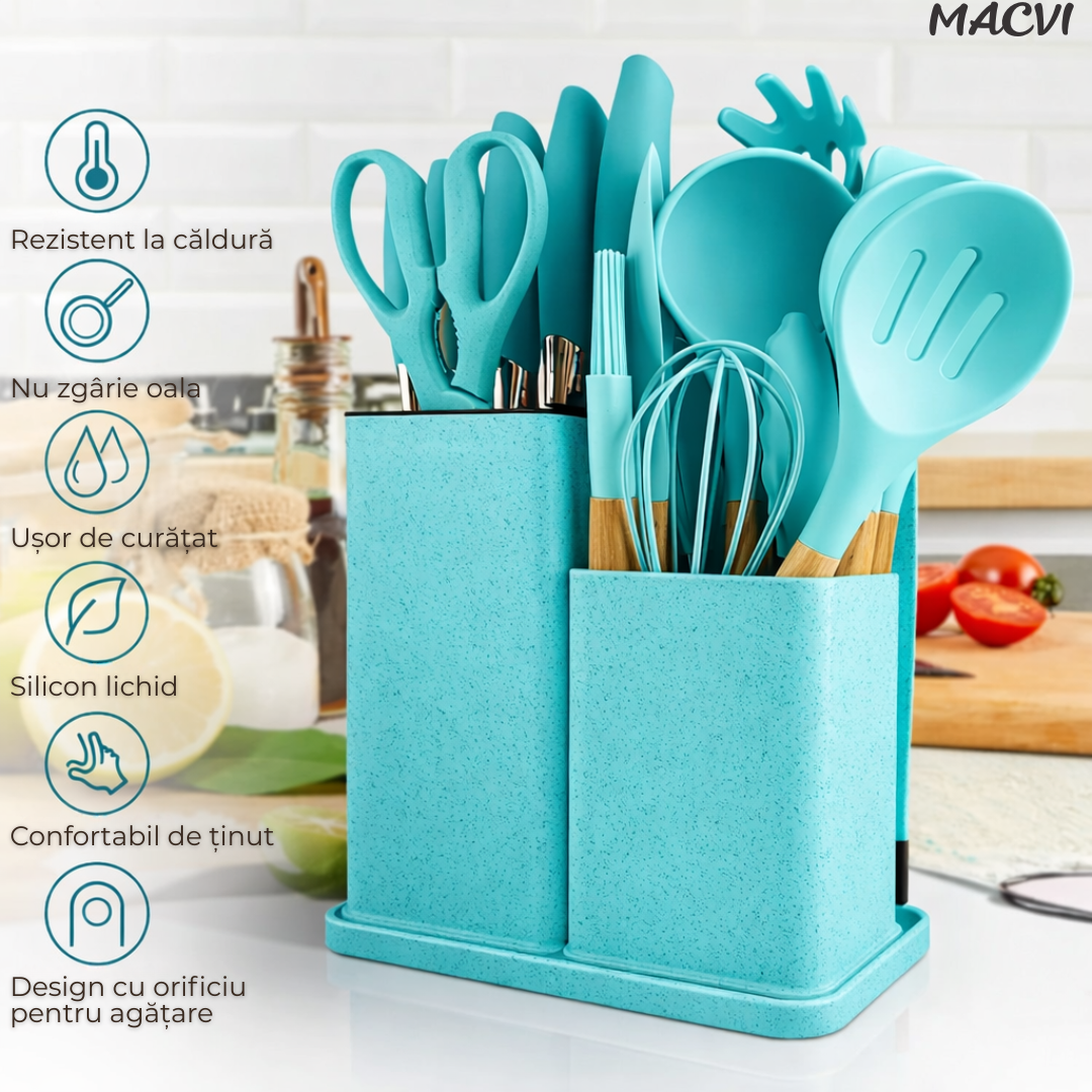 Set ustensile Macvi® bucatarie silicon premium 19 piese cu suport organizare cutite tocator linguri spatule fara BPA rezistente la temperaturi ridicate, Turcoaz