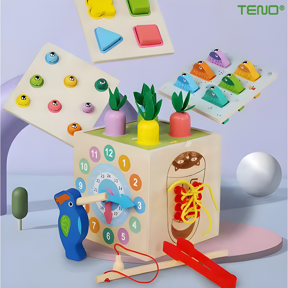 Cub Montessori Teno®, din lemn, educativ, joc cu legume, joc cu nasturi, joc de pescuit, sireturi, dezvolta abilitatile cognitive, senzoriale, coordonare mana-ochi, multicolor