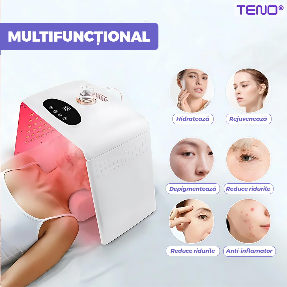 Dispozitiv de Infrumusetare cu Spray Teno®, 7 in 1, ingrijire faciala, tratament cu LED-uri cu 7 culori, intretinerea pielii, hidratare nano, pliabil, usor de utilizat, 205 LED-uri, alb
