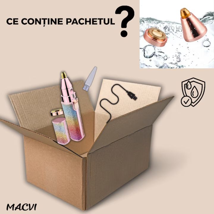 Epilator Facial Macvi® Reincarcabil 2in1 Trimmer Sprancene si Puf, Iluminare LED, Portabil, USB, Potrivit Pentru Toate Zonele Corpului