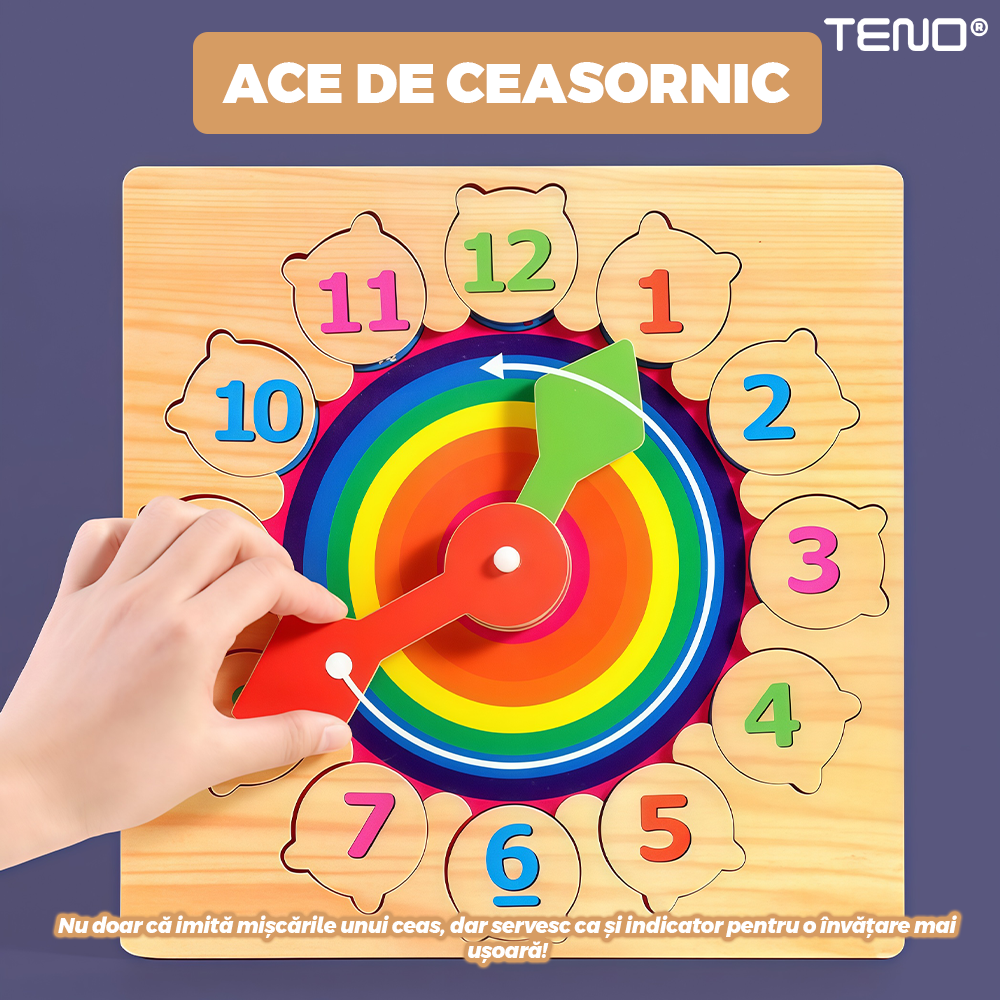 Ceas Educativ din Lemn Teno®, cifre detasabile, imagini ascunse cu animale, ace de ceasornic rotative, culorile curcubelui, +3 ani, multicolor
