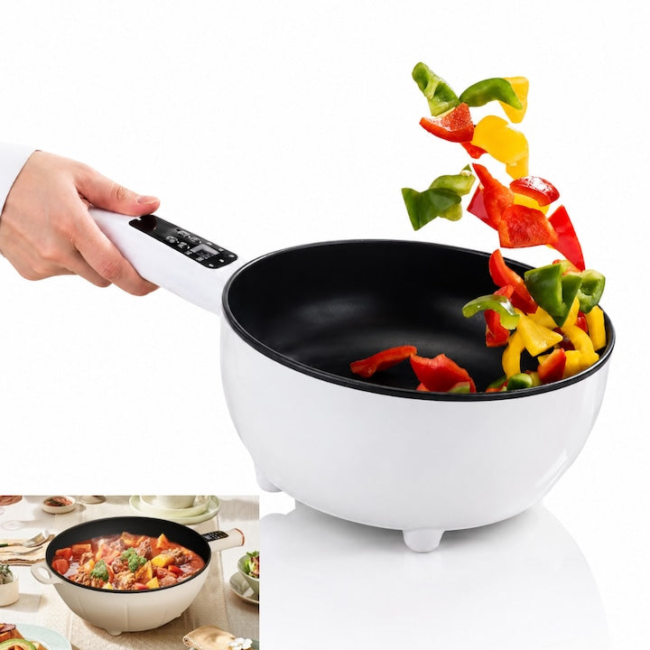 Tigaie Electrica Inteligenta Macvi® 3L, 1000W, Panou Digital Tactil, Diametru 24 cm, Strat Ceramic Antiaderent, 4 Functii de Gatire, Alb