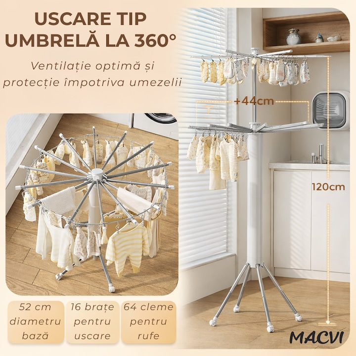 Uscator de rufe vertical Macvi®, 2 nivele, pliabil, mobil, suport umerase, 16 tije, 24 cleme, 170 cm, uscare 360°