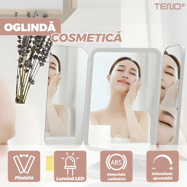 Oglinda Cosmetica Teno, pliabila, iluminare LED, marire X2 si X3, alb, inaltabila, cu oglinzi laterale