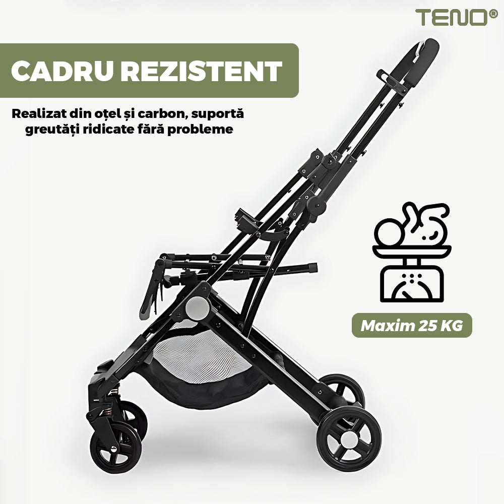 Carucior Sport pentru Bebelusi Teno®, pliabil, usor de carat, sezut reglabil, spatios, cosulet dorsal, copertina retractabila, greutate maxima suportata 25 kg, kaki