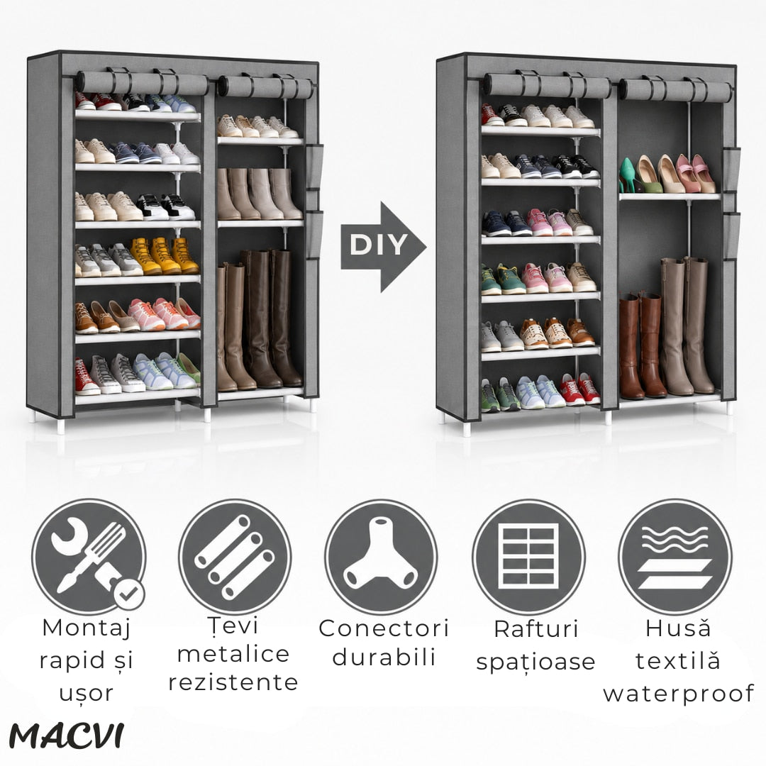 Dulap Pantofi Macvi®, Pantofar din Material Textil cu fermoar, Gri, 113x30x107 cm, usor de asamblat, cadru metalic