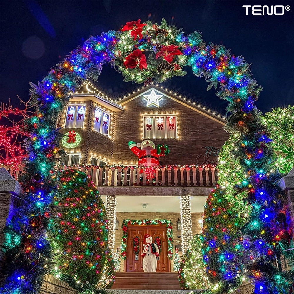 Instalatie de Craciun Liniara Teno®, 15 m, 8 jocuri de lumini, alimentare la priza, interior/exterior, rezistenta la apa, 200 LED-uri, multicolor