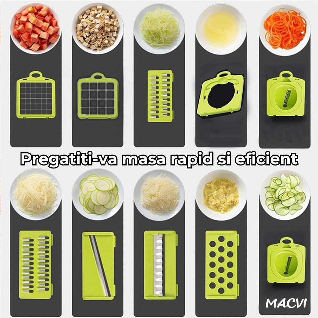 Razatoare Multifunctionala 15 in 1 Macvi®, 20 Piese, 13 Tipuri de Feliere, Ideala pentru Fructe, Legume si Branzeturi, Otel Inoxidabil, Verde/Gri