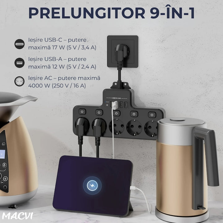 Multipriza Macvi cu 4 prize Schuko, 4 porturi USB, control individual, 4000W, extensie electrica pentru birou si acasa