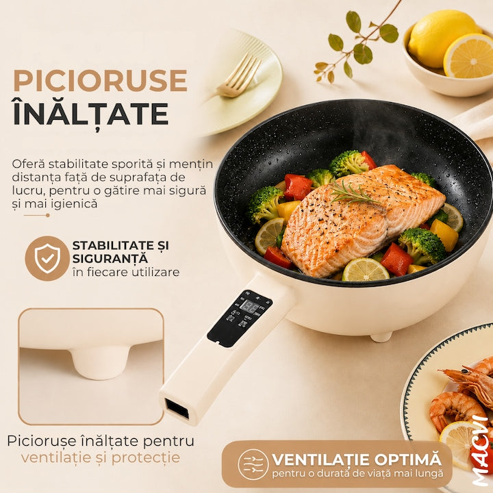 Tigaie Electrica Inteligenta Macvi® 3L, 1000W, Panou Digital Tactil, Diametru 24 cm, Strat Ceramic Antiaderent, 4 Functii de Gatire, Alb