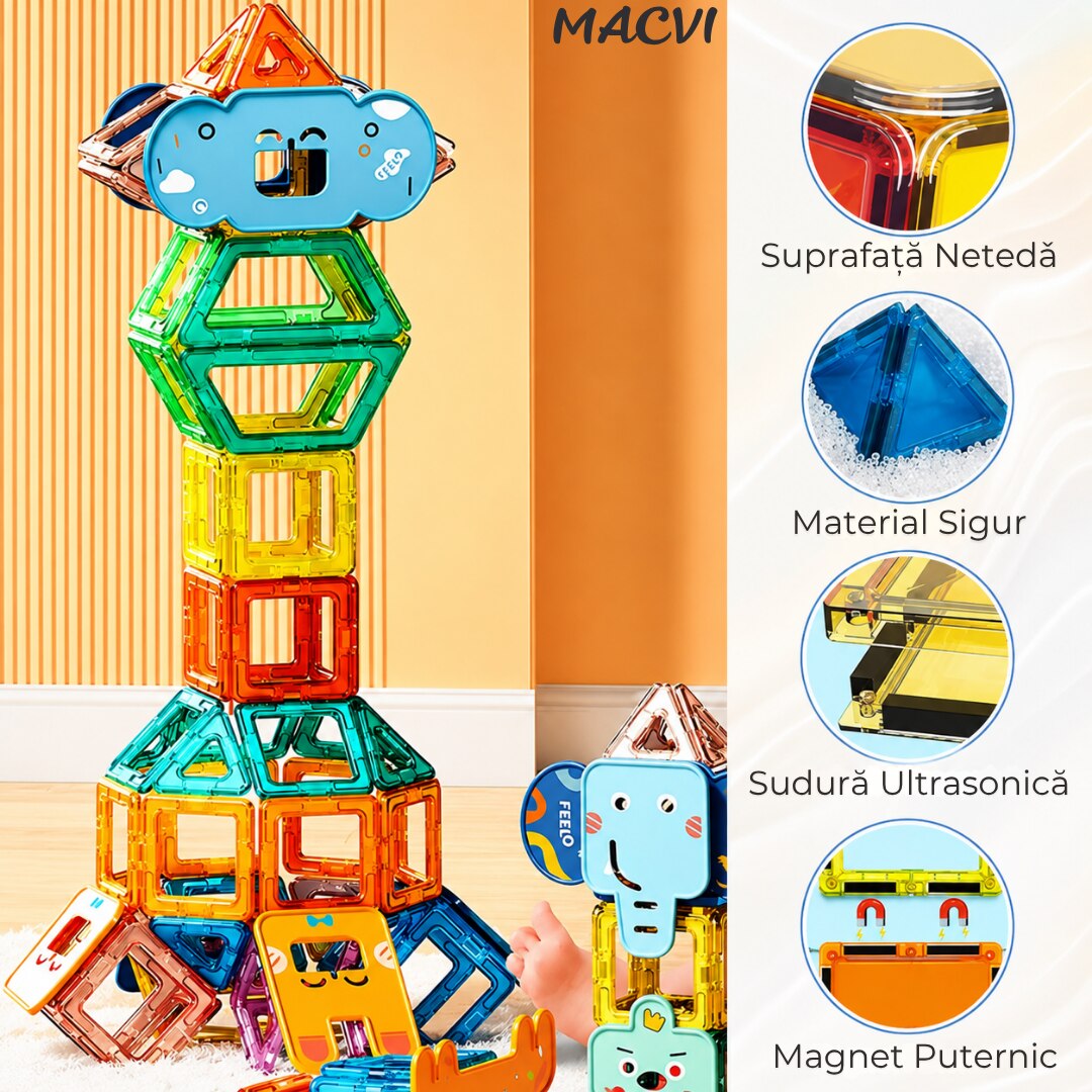 Set 36 piese magnetice constructie Macvi®, joc educativ copii 3 ani+, dezvolta creativitatea, gandirea logica, abilitati matematice, multicolor