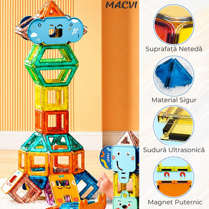 Set 36 piese magnetice constructie Macvi®, joc educativ copii 3 ani+, dezvolta creativitatea, gandirea logica, abilitati matematice, multicolor