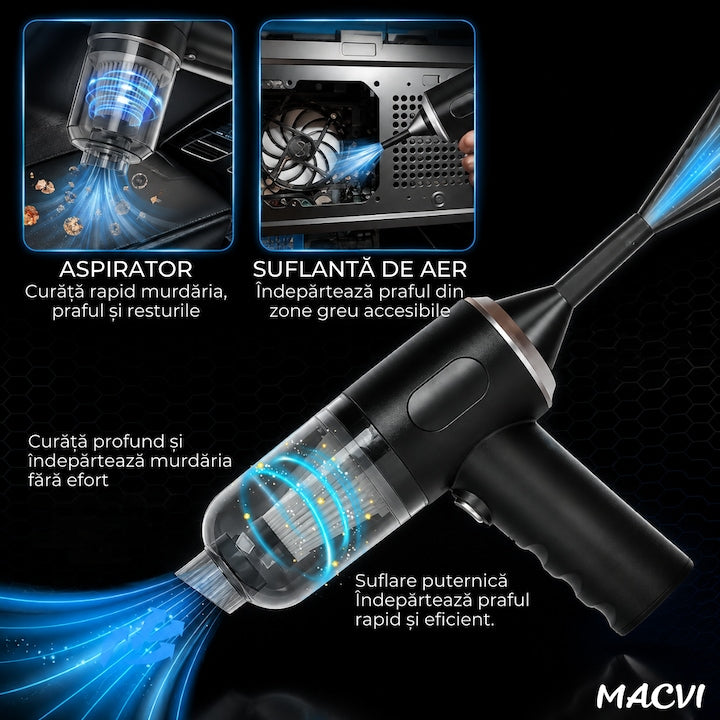 Aspirator Auto Portabil Macvi® 2 in 1, Aspirare si Suflare, Putere Aspiratie 5500 Pa, Motor 62.000 RPM, Baterie Duala 1500 mAh 7.4V, Filtru HEPA Lavabil, Incarcare USB, Accesorii Incluse, Negru