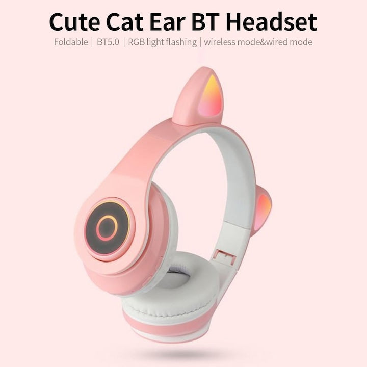 Casti Macvi® Wireless Pliabile cu Urechi de Pisica, Bluetooth 5.0, HiFi, Bass Stereo, LED, Roz