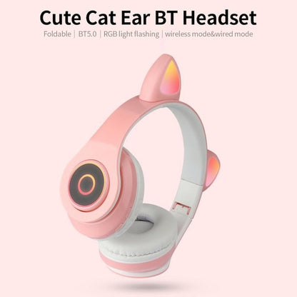 Casti Macvi® Wireless Pliabile cu Urechi de Pisica, Bluetooth 5.0, HiFi, Bass Stereo, LED, Roz