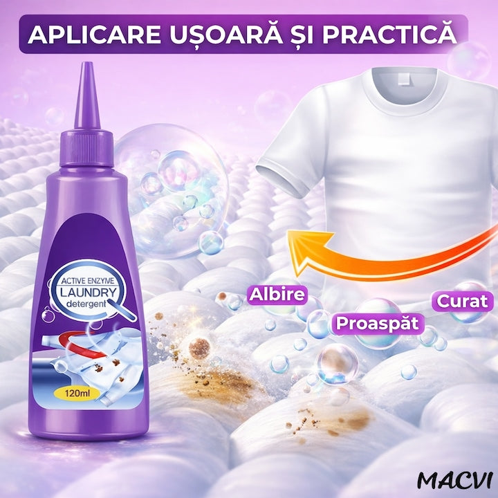 Detergent lichid pentru indepartarea petelor Macvi®, cu enzime active, pentru toate tipurile de haine, 120 ml, actiune imediata