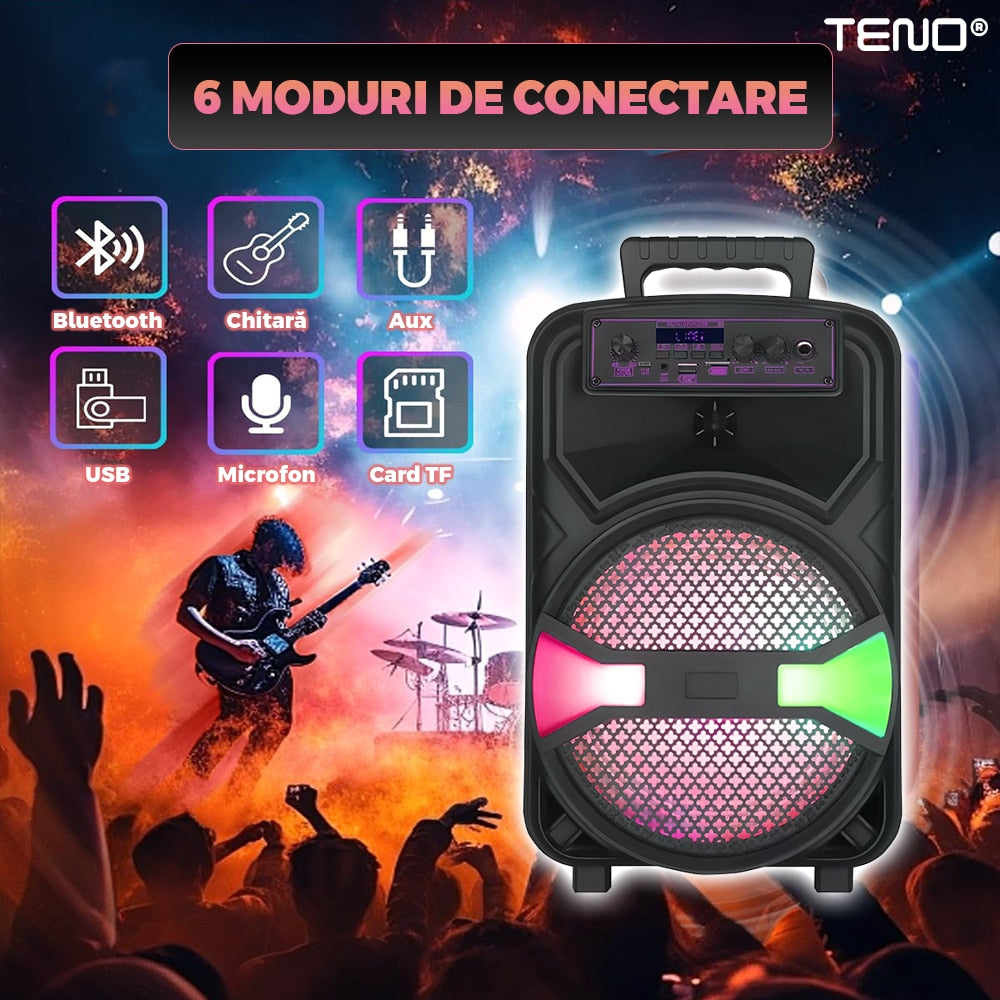 Boxa Portabila JBR009 Teno®, microfon inclus, telecomanda de control, lumini LED, panou de comanda, 6 moduri de conectare, autonomie ridcata, 1200W, negru