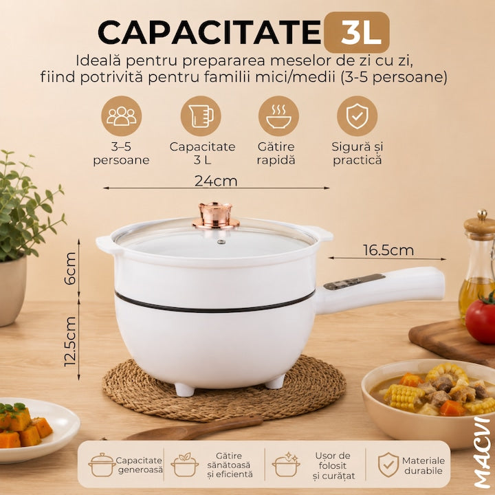 Tigaie Electrica Inteligenta Macvi® 3L, 1000W, Panou Digital Tactil, Diametru 24 cm, Strat Ceramic Antiaderent, 4 Functii de Gatire, Alb