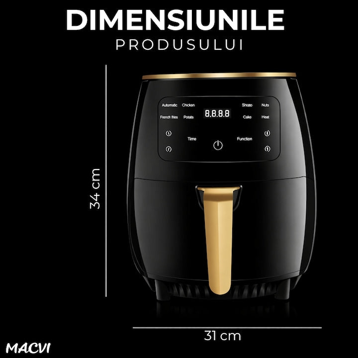 Friteuza cu Aer Cald Macvi®, Air Fryer, Filtru de Aer Integrat, 6 Programe, Putere 2400W, Control Temperatura, Cronometru Reglabil, Capacitate 6L