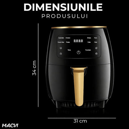 Friteuza cu Aer Cald Macvi®, Air Fryer, Filtru de Aer Integrat, 6 Programe, Putere 2400W, Control Temperatura, Cronometru Reglabil, Capacitate 6L