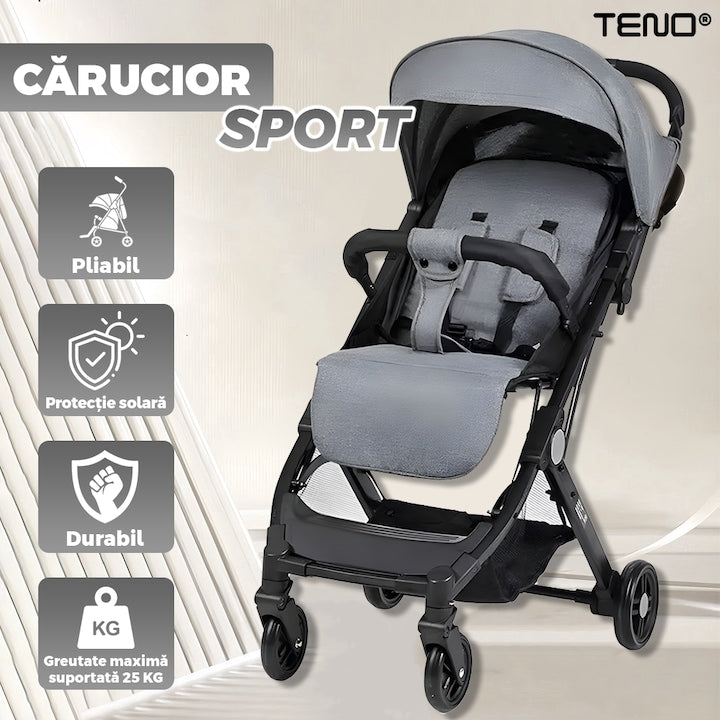 Carucior Sport pentru Bebelusi Teno®, pliabil, usor de carat, sezut reglabil, spatios, cosulet dorsal, buzunar la spate, copertina retractabila, greutate maxima suportata 25 kg, gri inchis