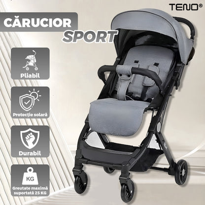 Carucior Sport pentru Bebelusi Teno®, pliabil, usor de carat, sezut reglabil, spatios, cosulet dorsal, buzunar la spate, copertina retractabila, greutate maxima suportata 25 kg, gri inchis