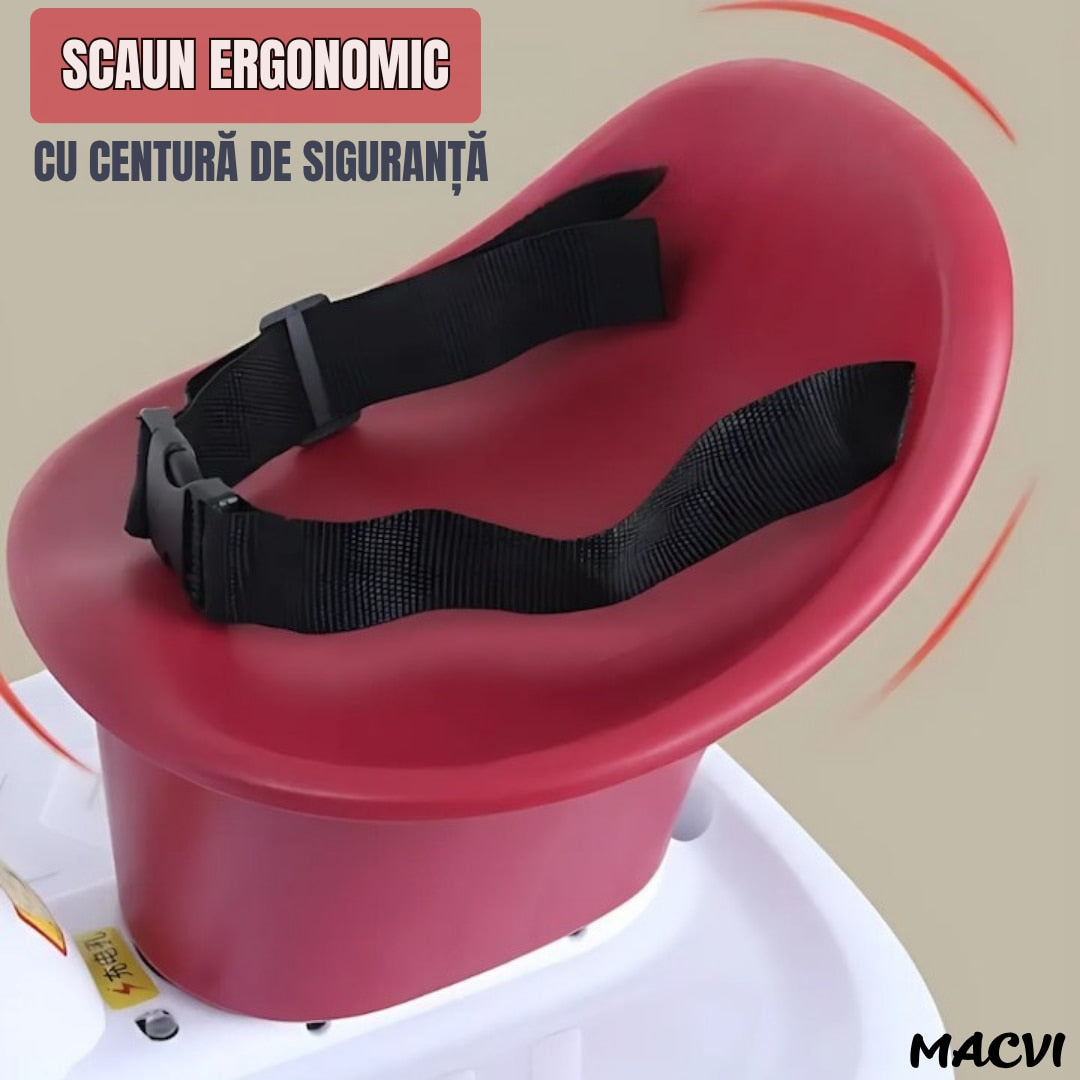 Masinuta electrica Macvi® copii 3-6 ani, telecomanda & control manual, 6V 7A, roti 360°, lumini LED, sunete realiste, centura siguranta, alb/visiniu