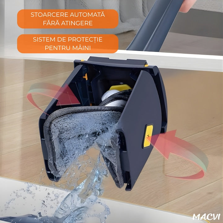 Mop Macvi® dreptunghiular cu stoarcere incorporata, telescopic, usor de curatat, 127 cm, albastru si galben