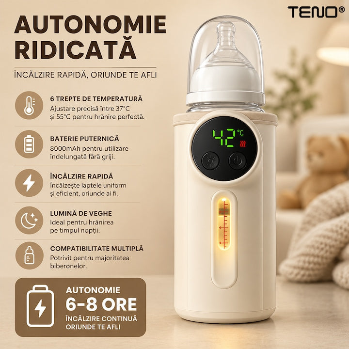 Incalzitor pentru Biberoane Teno®, portabil, 6 trepte de control, ecran LCD, lampa de veghe, compatibilitate multipla, 8000 mAh, crem