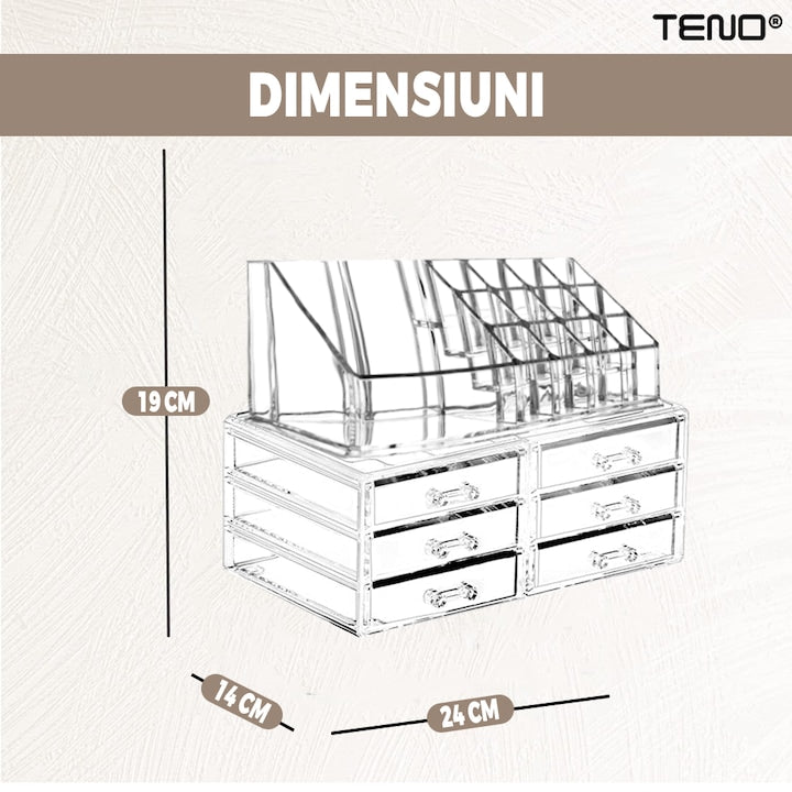 Organizator Cutie Depozitare pentru Produse Cosmetice Teno®, bijuterii si alte obiecte, 6 sertare, piese detasabile, transparent, 24 x 19 cm
