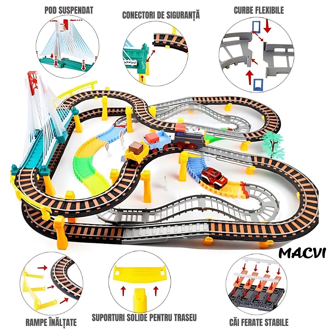 Circuit 2 in 1 XXL Macvi® 140 Piese, 86x74 cm, cu Trenulet Electric si Masinuta, Pod cu Lumini, Pista Rapid Transit de Mare Viteza, Multicolor