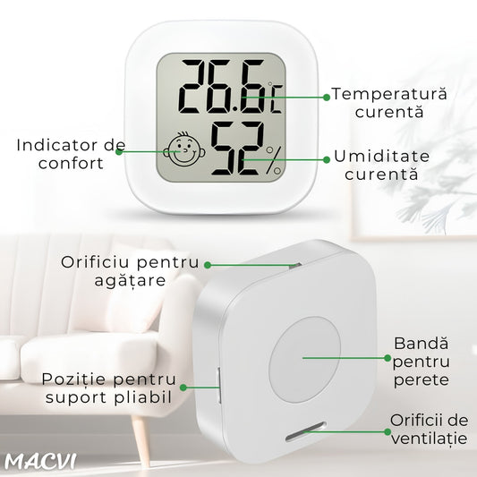 Termometru si higrometru camera Macvi®, indicator comfort, citire 10 secunde, senzor precis, Interval umiditate: 10% - 99% RH, -20°C pana la +60°C, ultra compact, alb