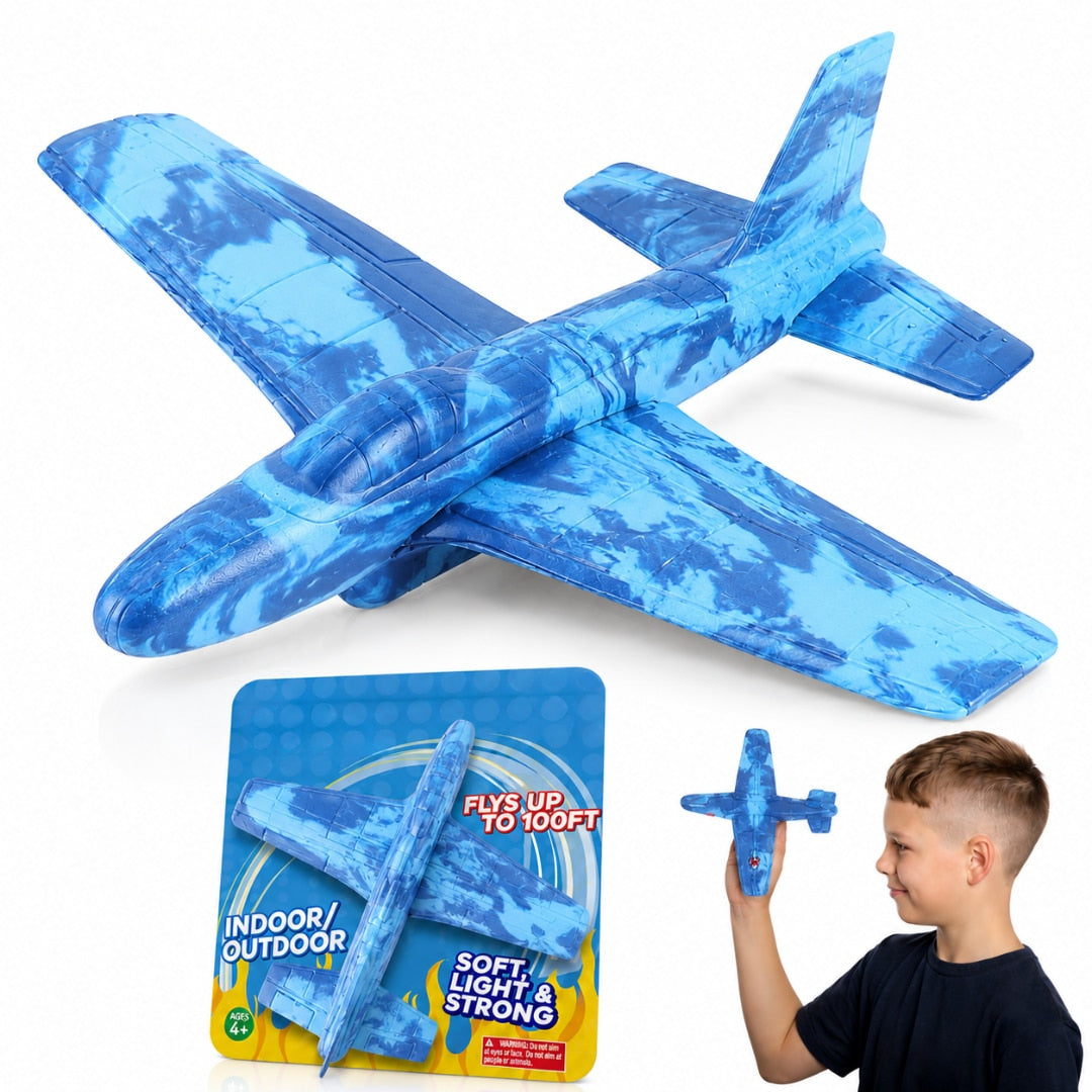 Avion zburator Macvi®, planor rezistent, zboara pana la 30m, Albastru, Material rezistent la impact si cazaturi, pentru copii 6+ ani