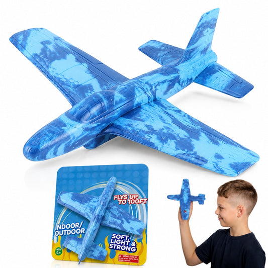 Avion zburator Macvi®, planor rezistent, zboara pana la 30m, Albastru, Material rezistent la impact si cazaturi, pentru copii 6+ ani