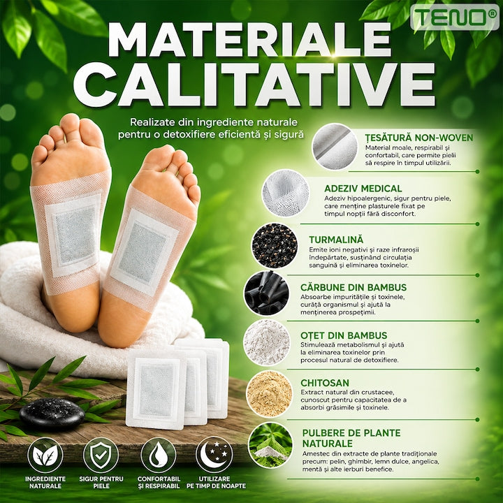 Set 10 de plasturi KINOKI Teno®, pentru detoxifiere, ingrediente naturale, turmeric, imbunatatesc somnul, energizeaza, adezivi, auriu