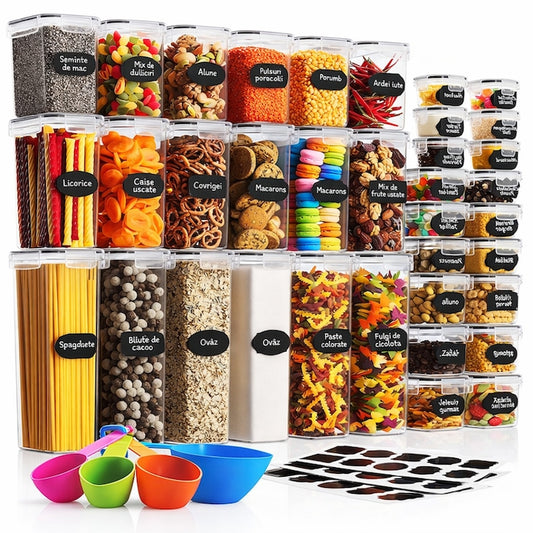 Set 36 organizatoare/recipiente Macvi® pentru depozitare alimentara, etanse, design minimalist, fara BPA, stocabile, cu etichete si lingurite incluse