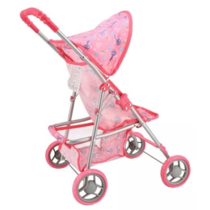 Carucior pliabil pentru papusi Macvi®, cadru metalic rezistent, 4 roti stabile, maner reglabil, cos de depozitare, design realist, roz