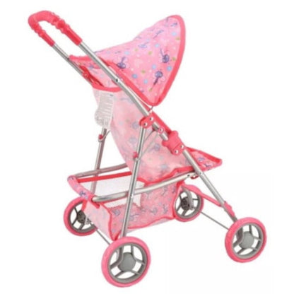 Carucior pliabil pentru papusi Macvi®, cadru metalic rezistent, 4 roti stabile, maner reglabil, cos de depozitare, design realist, roz