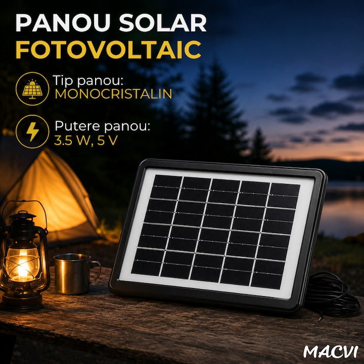 Kit Iluminat Portabil LED Macvi® 7COB, Panou Solar 3.5W, 3 Becuri LED, Proiector LED 250 lm, Baterie 6V 4.5Ah, USB 5V, pentru Camping, Pescuit si Situatii de Urgenta