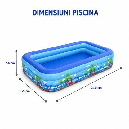 Piscina gonflabila familiala Macvi® 210 x 135 x 54 cm, 3 inele, PVC rezistent la UV, montare rapida, pentru copii si adulti, curte si gradina, design tropical