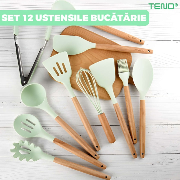 Set Ustensile Bucatarie 12 Piese Silicon Alimentar Teno®, termorezistente, antiaderente, sigure, suport inclus, verde deschis