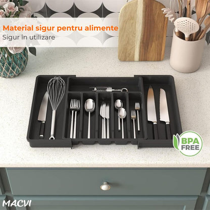 Organizator tacamuri sertar extensibil Macvi® 8 compartimente bloc pentru cutite detasabil negru