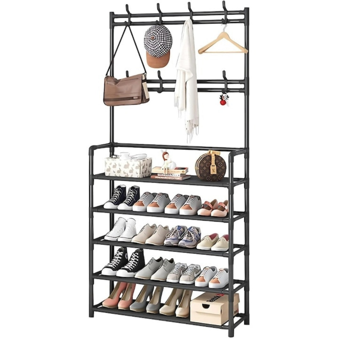 Cuier multifunctional Macvi® pentru haine si incaltaminte, 171x80x26.5 cm, material durabil, design ergonomic si modern, negru