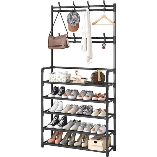 Cuier multifunctional Macvi® pentru haine si incaltaminte, 171x80x26.5 cm, material durabil, design ergonomic si modern, negru